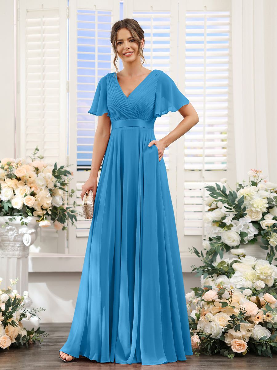 A-Line V-Neck Short Sleeves Chiffon Bridesmaid Dresses with Pockets