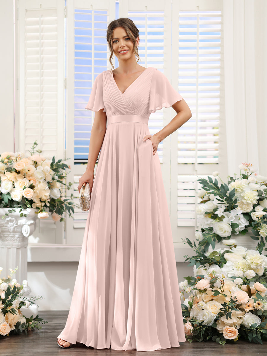 A-Line V-Neck Short Sleeves Chiffon Bridesmaid Dresses with Pockets