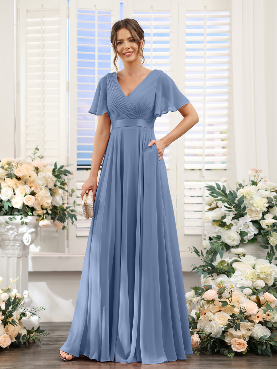 A-Line V-Neck Short Sleeves Chiffon Bridesmaid Dresses with Pockets