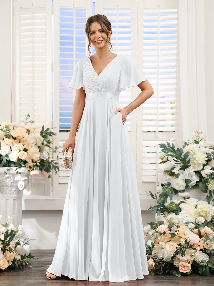 A-Line V-Neck Short Sleeves Chiffon Bridesmaid Dresses with Pockets