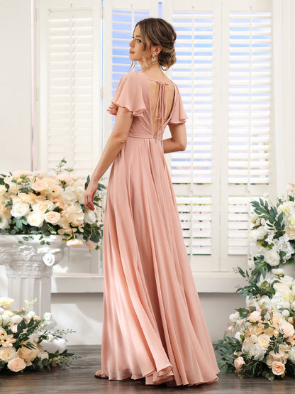 A-Line Deep V-Neck Short Sleeves Split Side Chiffon Bridesmaid Dresses