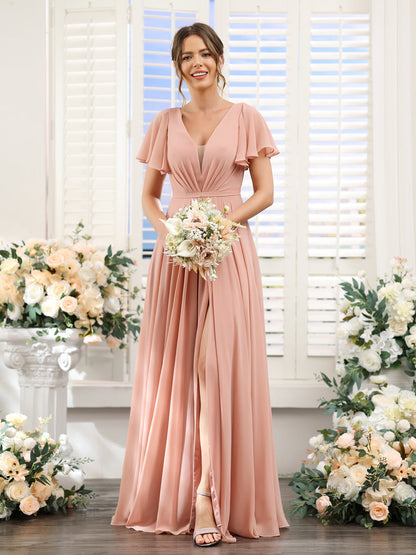 A-Line Deep V-Neck Short Sleeves Split Side Chiffon Bridesmaid Dresses