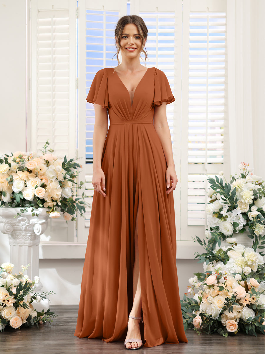 A-Line Deep V-Neck Short Sleeves Split Side Chiffon Bridesmaid Dresses