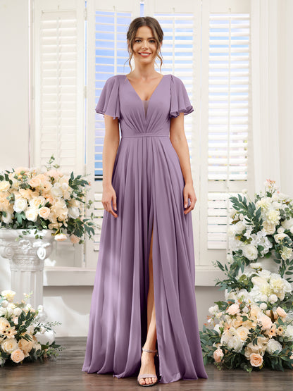 A-Line Deep V-Neck Short Sleeves Split Side Chiffon Bridesmaid Dresses