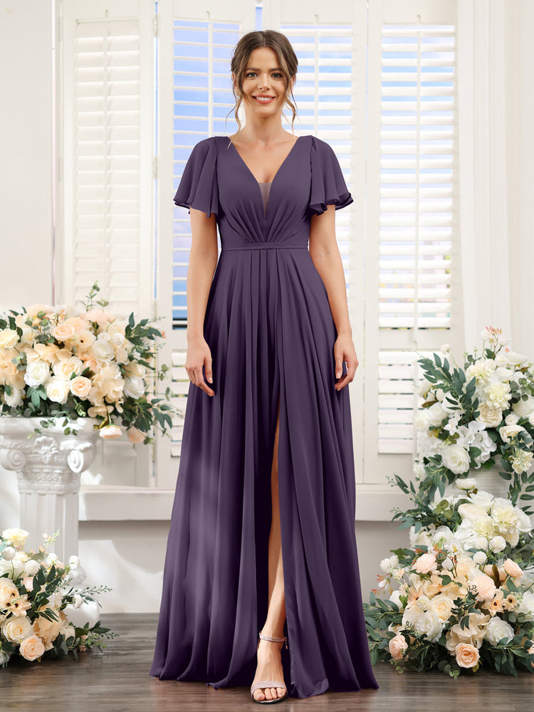 A-Line Deep V-Neck Short Sleeves Split Side Chiffon Bridesmaid Dresses -Lavetir