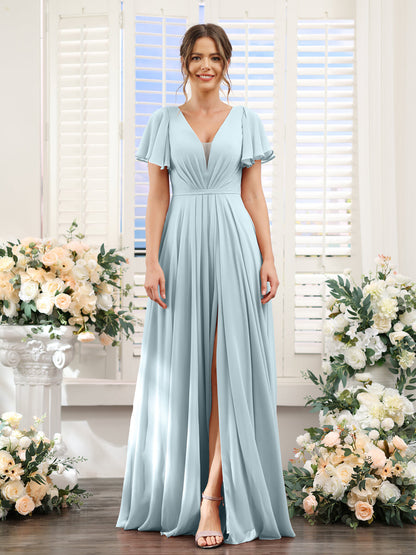 A-Line Deep V-Neck Short Sleeves Split Side Chiffon Bridesmaid Dresses