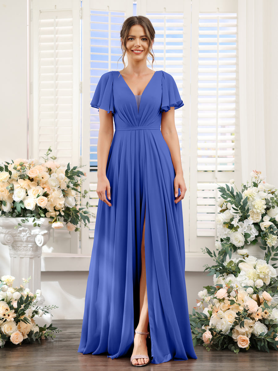 A-Line Deep V-Neck Short Sleeves Split Side Chiffon Bridesmaid Dresses