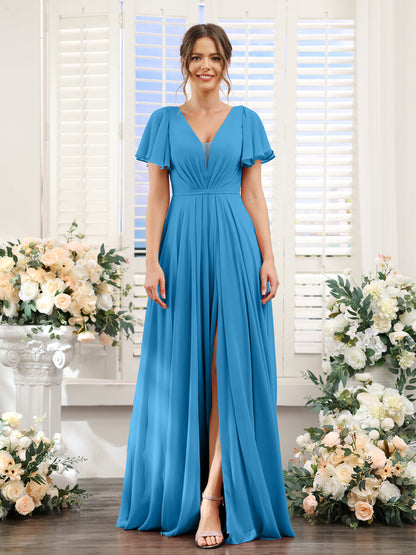 A-Line Deep V-Neck Short Sleeves Split Side Chiffon Bridesmaid Dresses