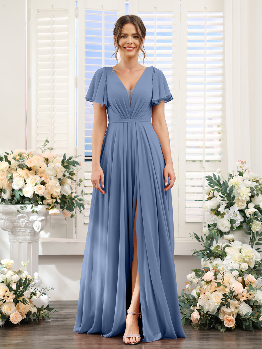 A-Line Deep V-Neck Short Sleeves Split Side Chiffon Bridesmaid Dresses