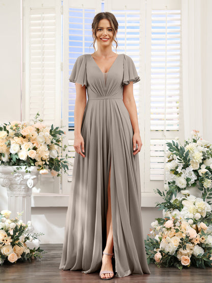 A-Line Deep V-Neck Short Sleeves Split Side Chiffon Bridesmaid Dresses