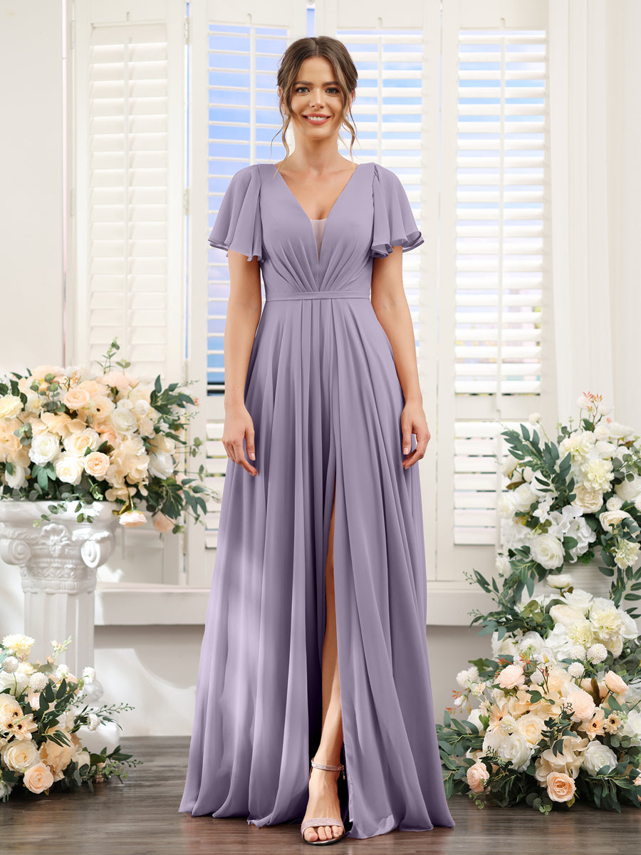 A-Line Deep V-Neck Short Sleeves Split Side Chiffon Bridesmaid Dresses