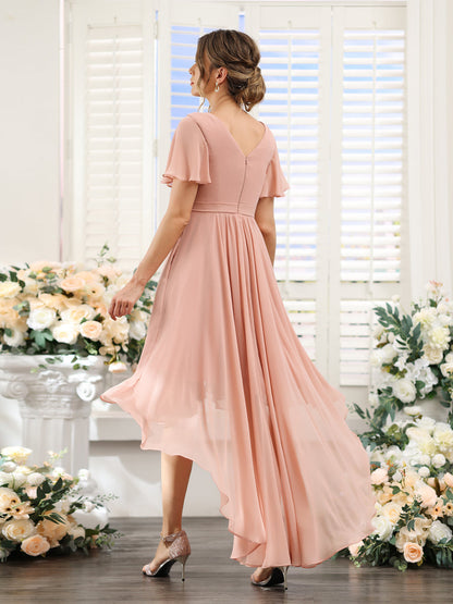 A-Line V-Neck Short Sleeves Ruched Asymmetrical Chiffon Bridesmaid Dresses