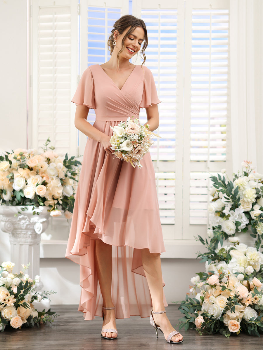 A-Line V-Neck Short Sleeves Ruched Asymmetrical Chiffon Bridesmaid Dresses