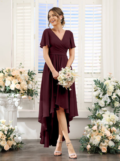 A-Line V-Neck Short Sleeves Ruched Asymmetrical Chiffon Bridesmaid Dresses