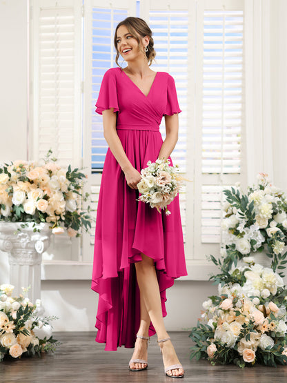 A-Line V-Neck Short Sleeves Ruched Asymmetrical Chiffon Bridesmaid Dresses