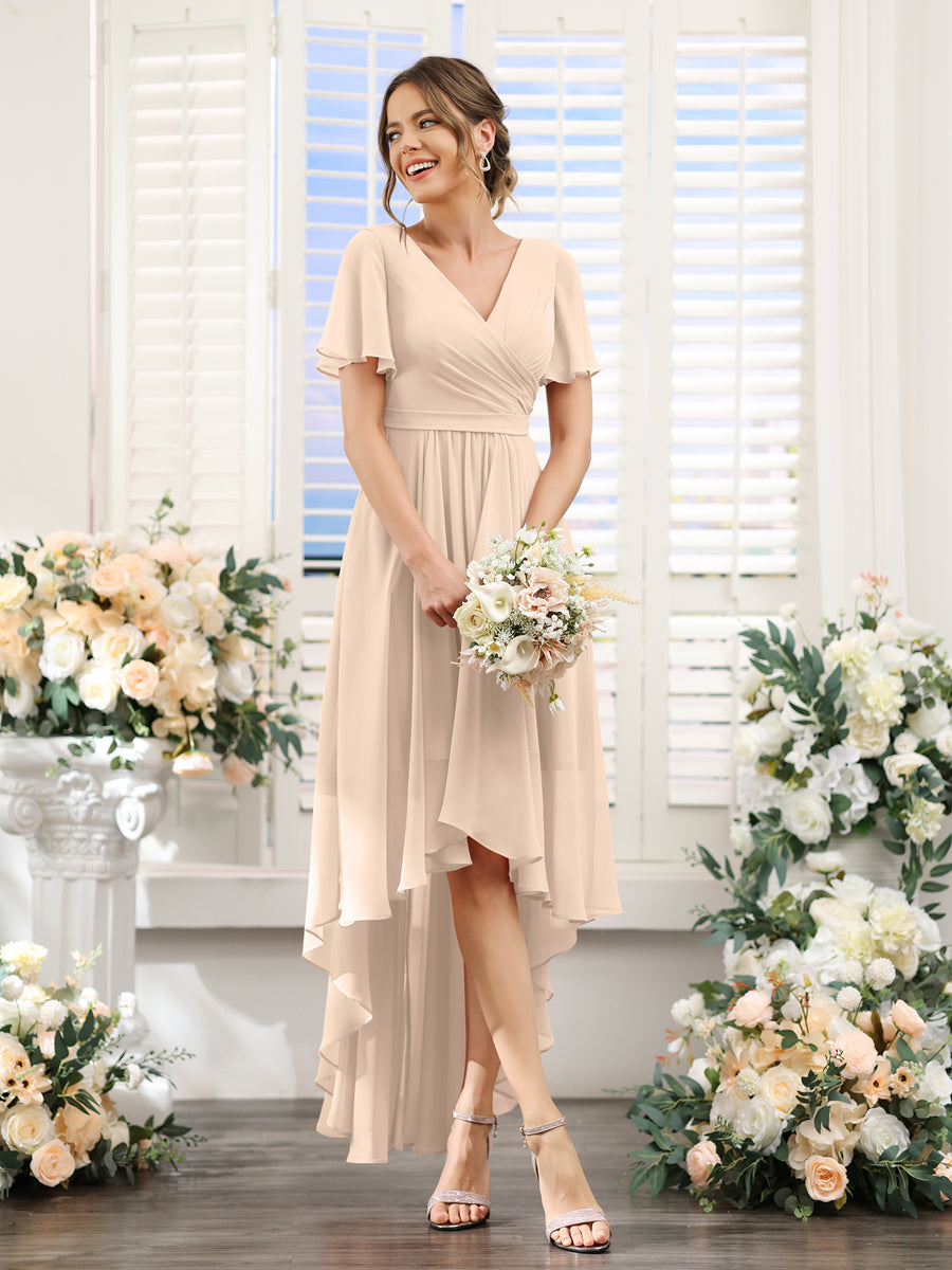 A-Line V-Neck Short Sleeves Ruched Asymmetrical Chiffon Bridesmaid Dresses