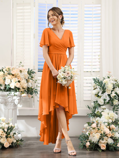 A-Line V-Neck Short Sleeves Ruched Asymmetrical Chiffon Bridesmaid Dresses