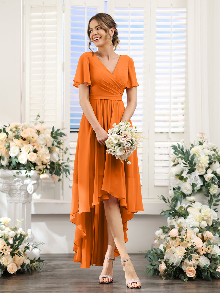 A-Line V-Neck Short Sleeves Ruched Asymmetrical Chiffon Bridesmaid Dresses