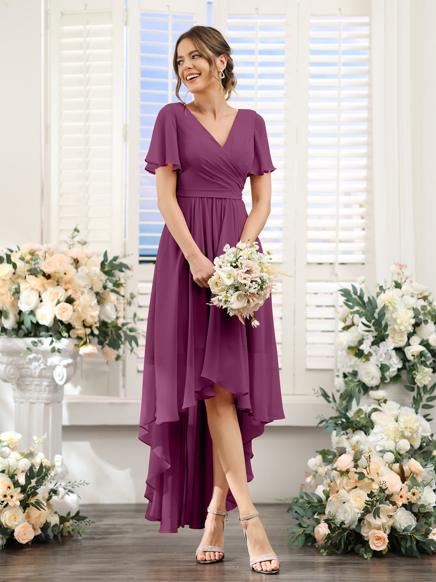 A-Line V-Neck Short Sleeves Ruched Asymmetrical Chiffon Bridesmaid Dresses