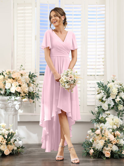 A-Line V-Neck Short Sleeves Ruched Asymmetrical Chiffon Bridesmaid Dresses