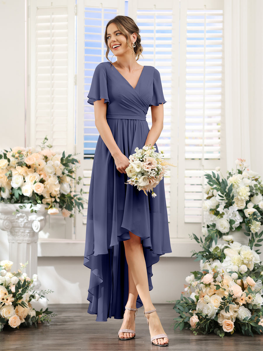 A-Line V-Neck Short Sleeves Ruched Asymmetrical Chiffon Bridesmaid Dresses