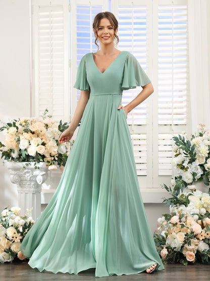 A-Line V-Neck Short Sleeves Split Side Ruffles Chiffon Bridesmaid Dresses