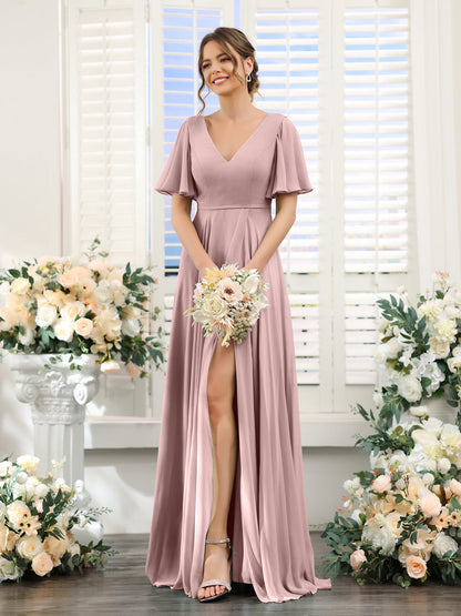 A-Line V-Neck Short Sleeves Split Side Ruffles Chiffon Bridesmaid Dresses