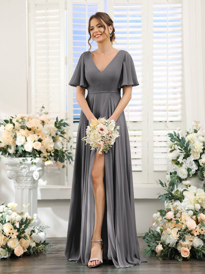 A-Line V-Neck Short Sleeves Split Side Ruffles Chiffon Bridesmaid Dresses