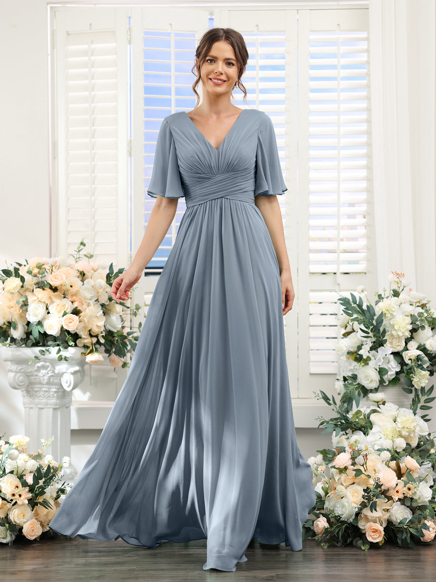 A-Line V-Neck Half Sleeves Split Side Chiffon Bridesmaid Dresses With  -Lavetir