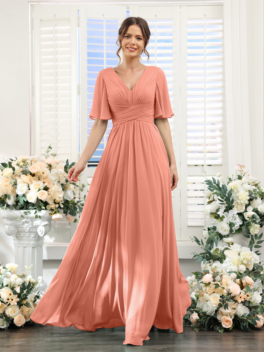 salmon colored bridesmaid dress