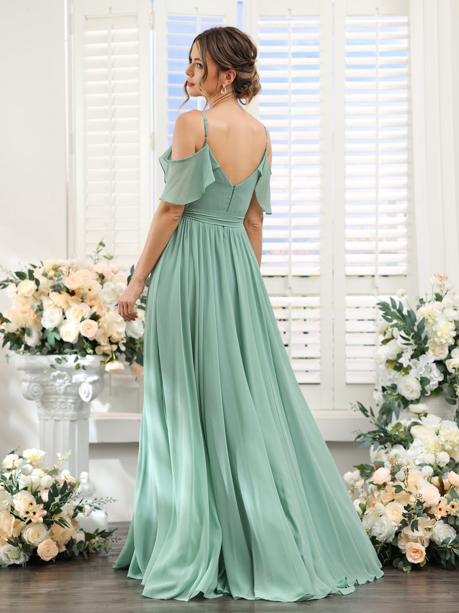 A-Line V-Neck Spaghetti Straps Chiffon Bridesmaid Dresses with Pockets