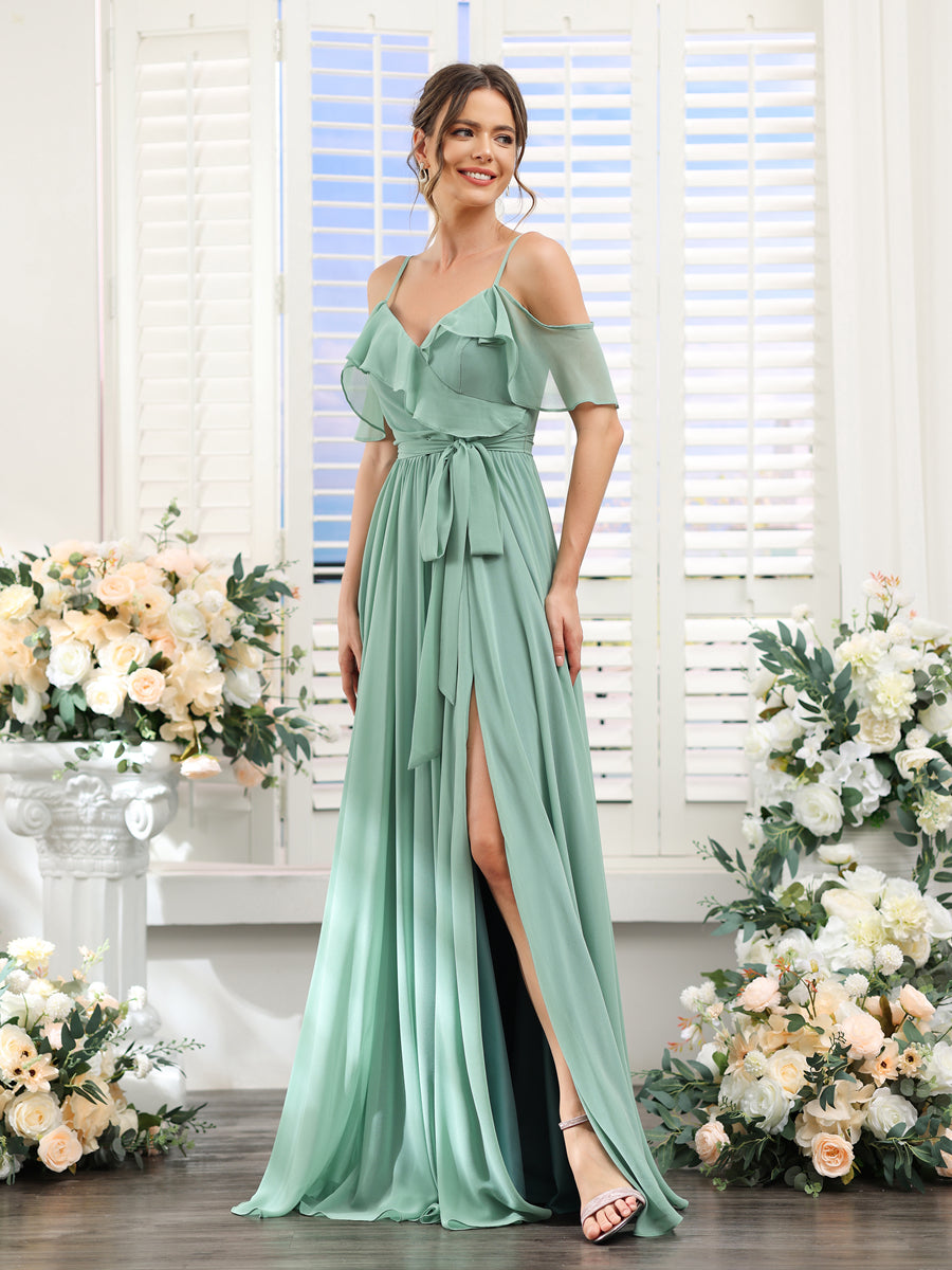 A-Line V-Neck Spaghetti Straps Chiffon Bridesmaid Dresses with Pockets