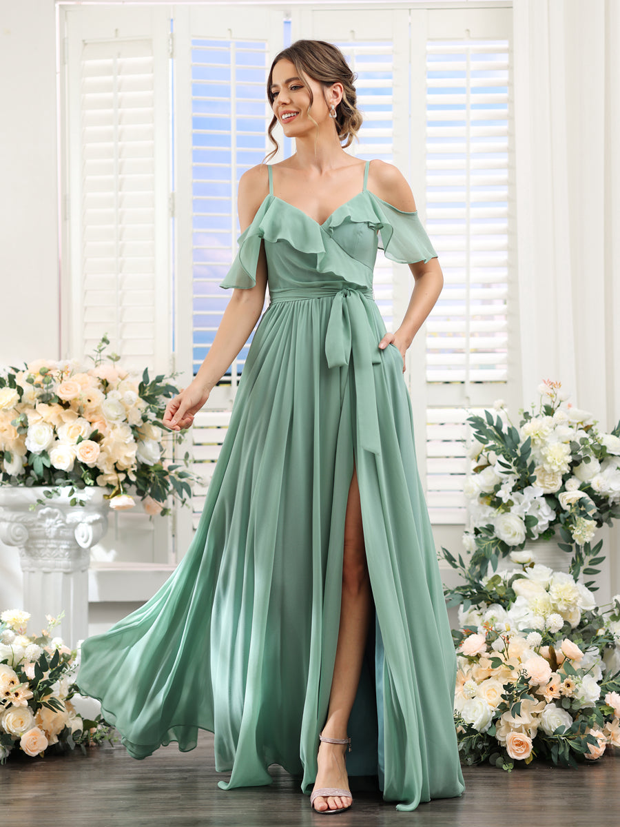 A-Line V-Neck Spaghetti Straps Chiffon Bridesmaid Dresses with Pockets