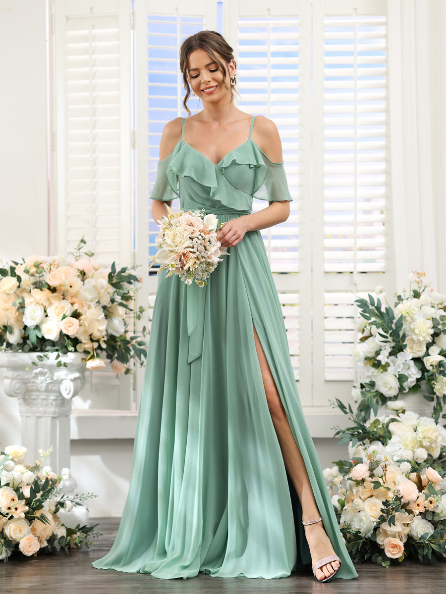 A-Line V-Neck Spaghetti Straps Chiffon Bridesmaid Dresses with Pockets