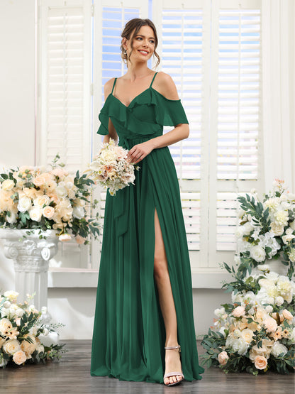 A-Line V-Neck Spaghetti Straps Chiffon Bridesmaid Dresses with Pockets