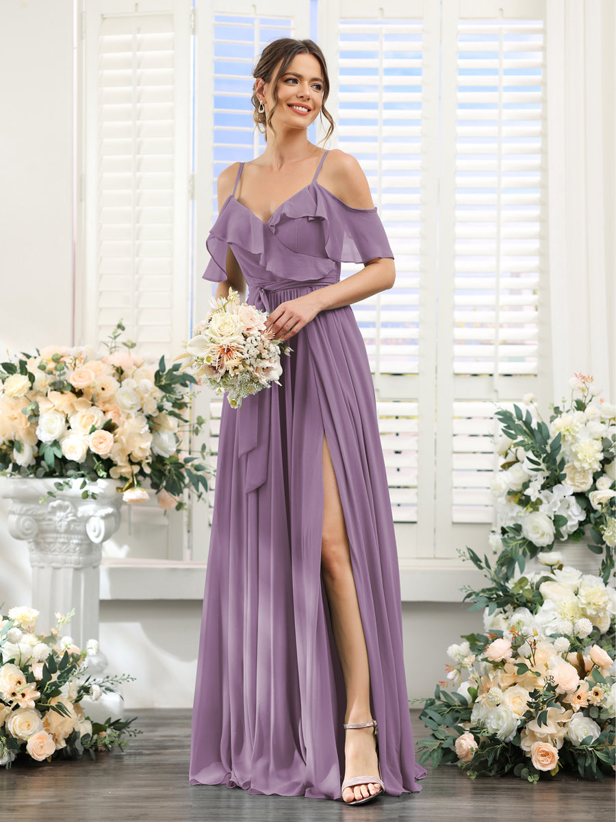 A-Line V-Neck Spaghetti Straps Chiffon Bridesmaid Dresses with Pockets