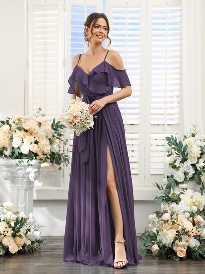 A-Line V-Neck Spaghetti Straps Chiffon Bridesmaid Dresses with Pockets