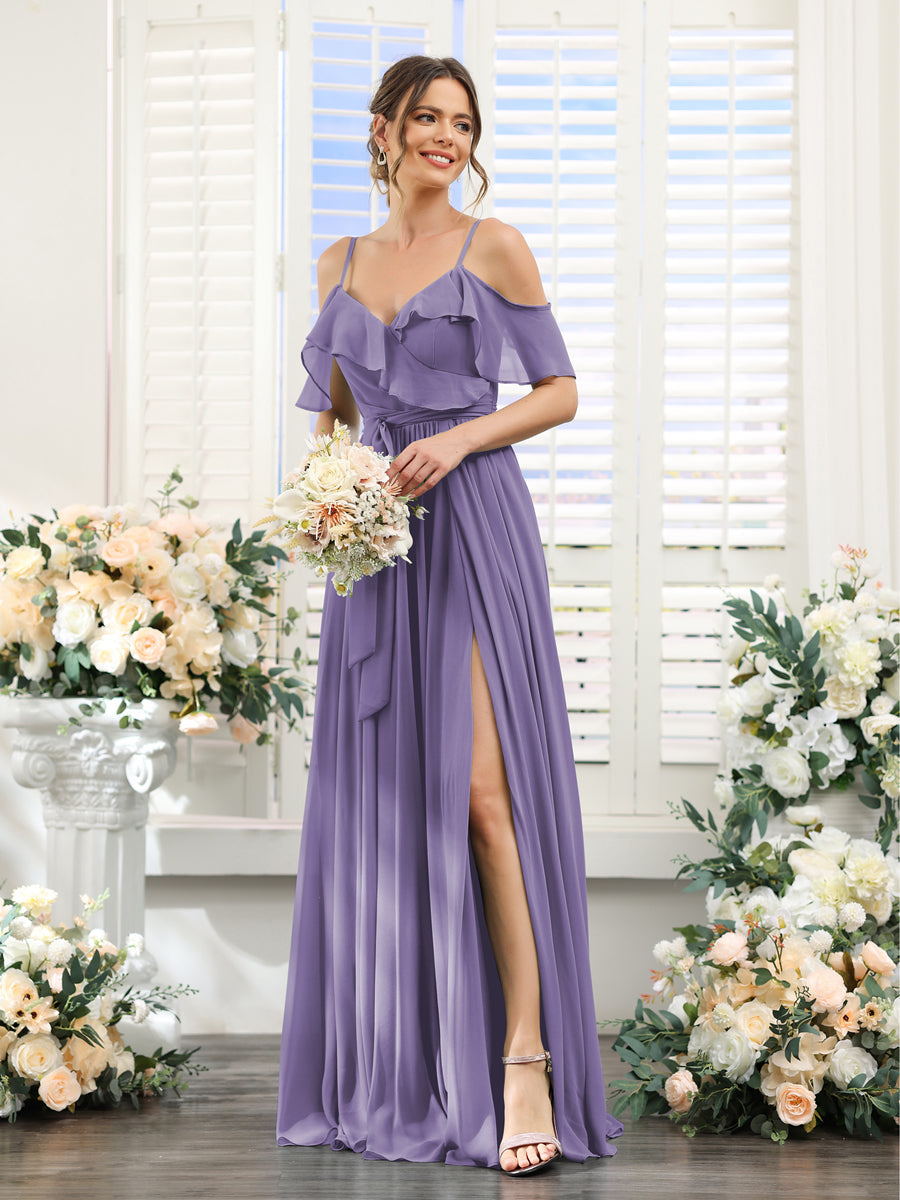 A-Line V-Neck Spaghetti Straps Chiffon Bridesmaid Dresses with Pockets