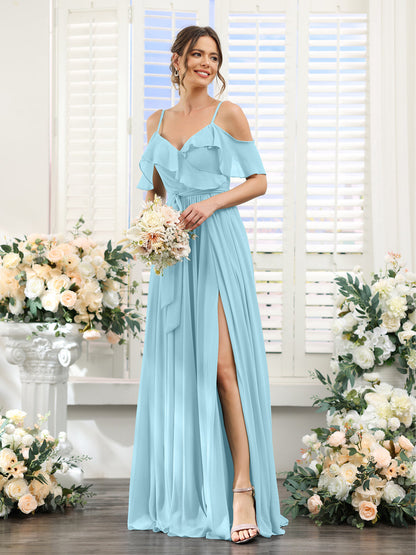 A-Line V-Neck Spaghetti Straps Chiffon Bridesmaid Dresses with Pockets