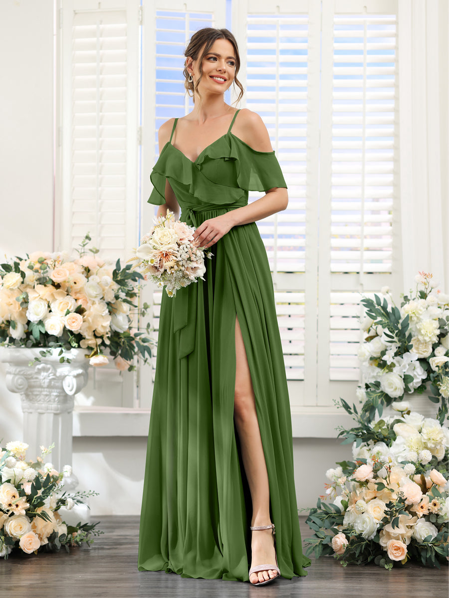 A-Line V-Neck Spaghetti Straps Chiffon Bridesmaid Dresses with Pockets