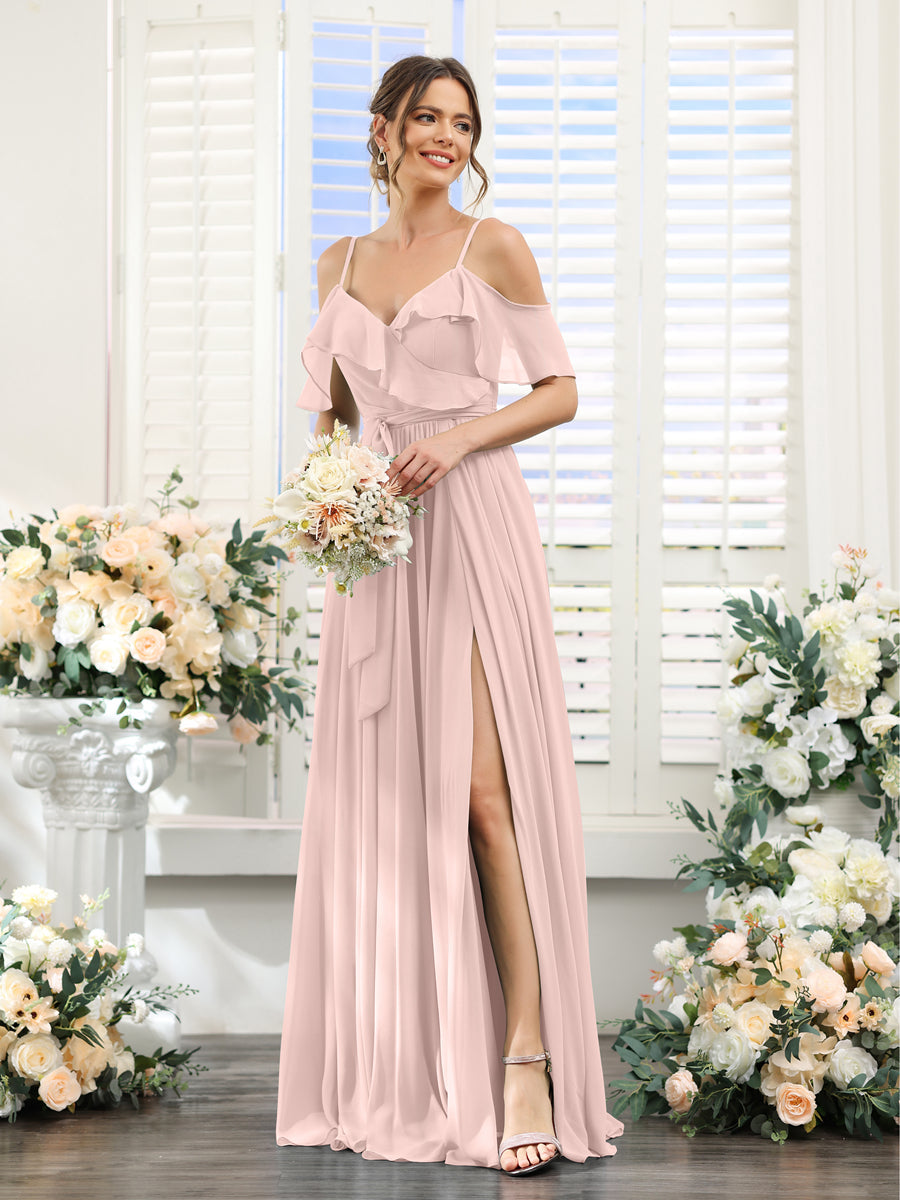 A-Line V-Neck Spaghetti Straps Chiffon Bridesmaid Dresses with Pockets