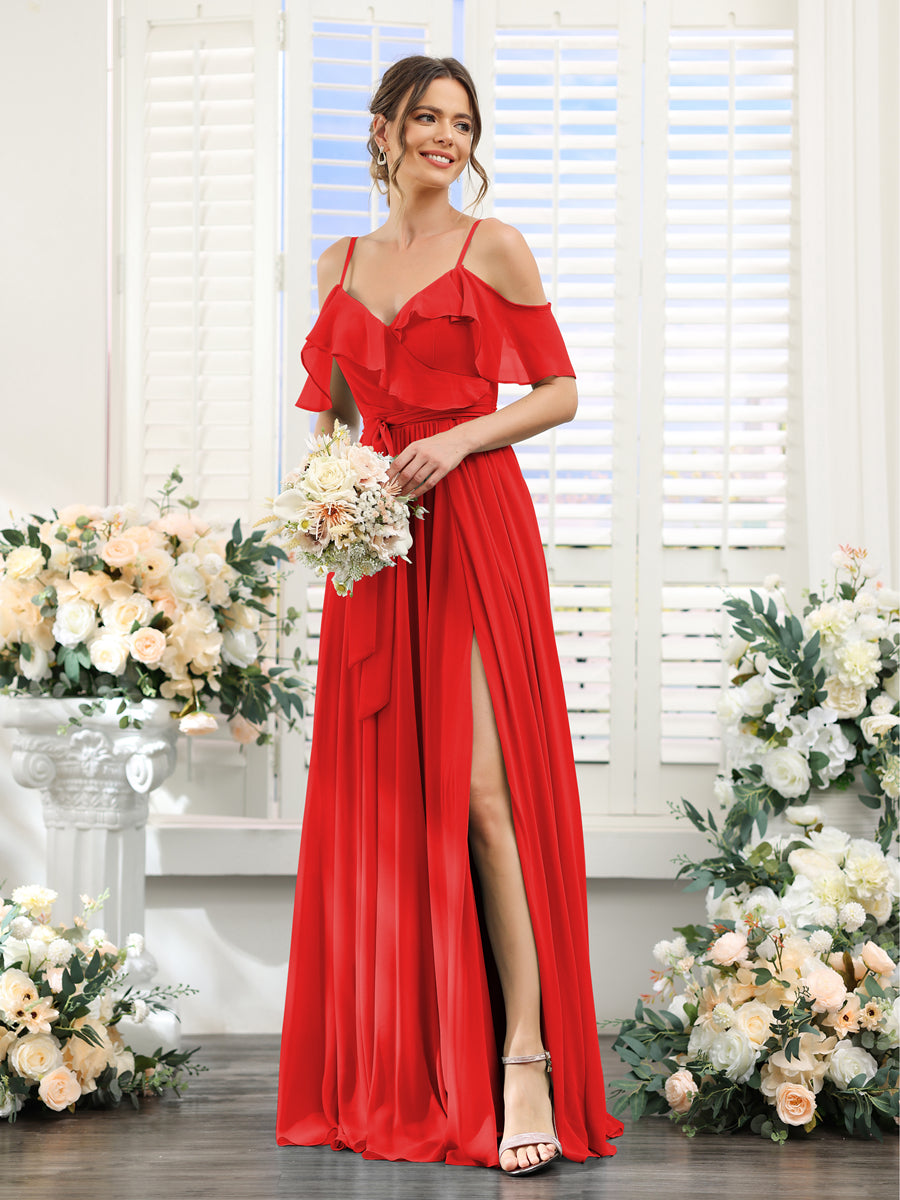 A-Line V-Neck Spaghetti Straps Chiffon Bridesmaid Dresses with Pockets