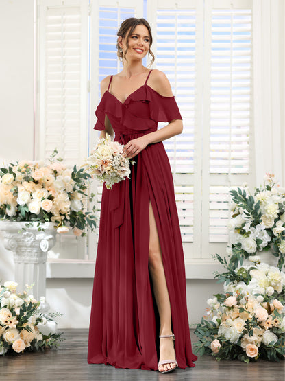 A-Line V-Neck Spaghetti Straps Chiffon Bridesmaid Dresses with Pockets