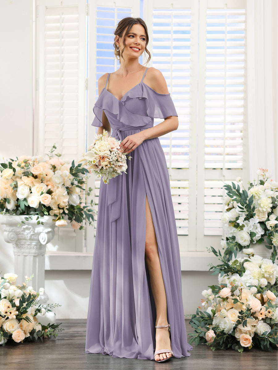 A-Line V-Neck Spaghetti Straps Chiffon Bridesmaid Dresses with Pockets