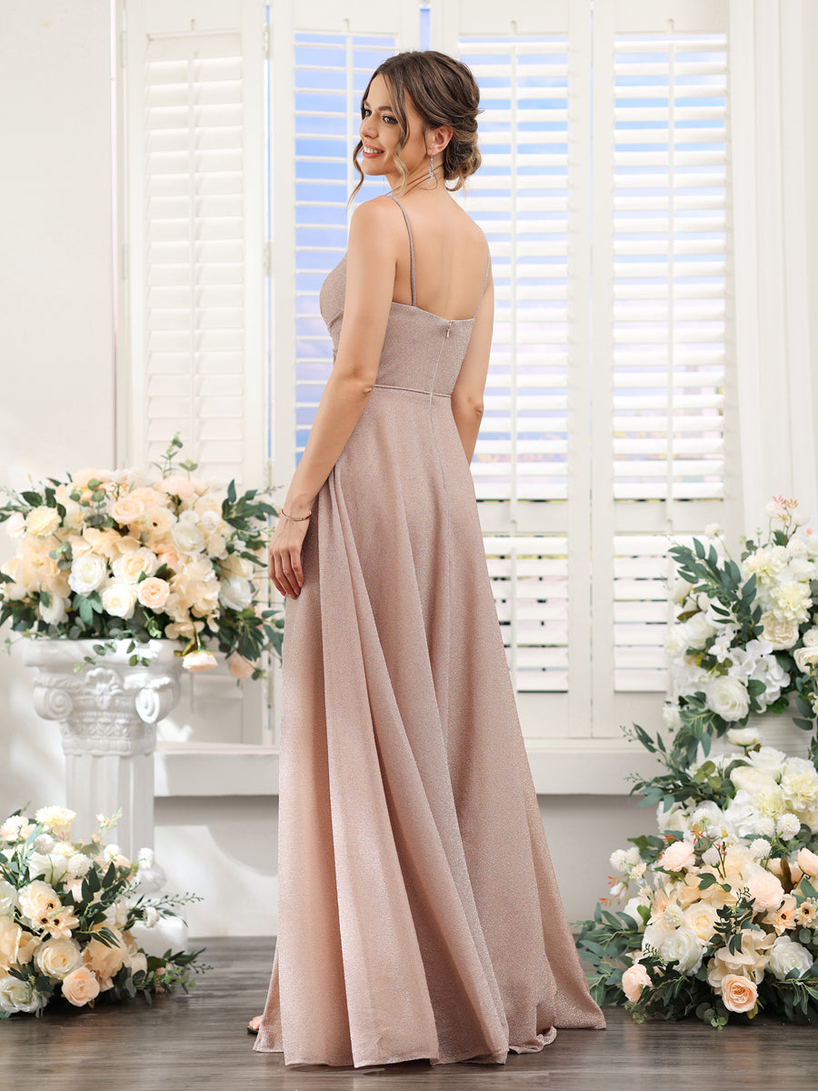 A-Line V-Neck Metallic Lurex Long Bridesmaid Dresses with Spaghetti Straps