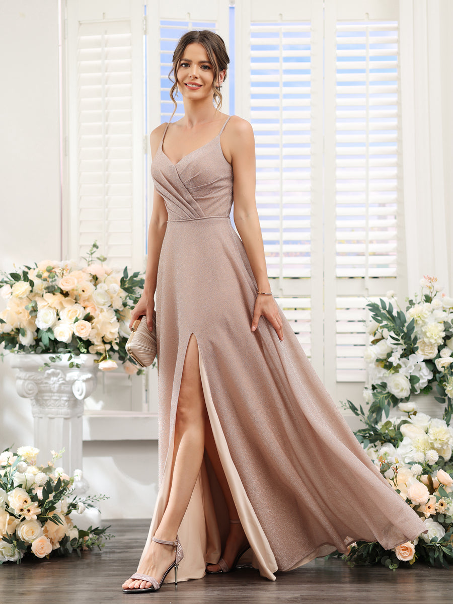 A-Line V-Neck Metallic Lurex Long Bridesmaid Dresses with Spaghetti Straps