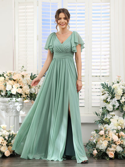 A-Line V-Neck Short Sleeves Split Side Chiffon Bridesmaid Dresses with Pockets