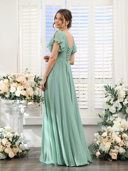 A-Line V-Neck Short Sleeves Split Side Chiffon Bridesmaid Dresses with Pockets