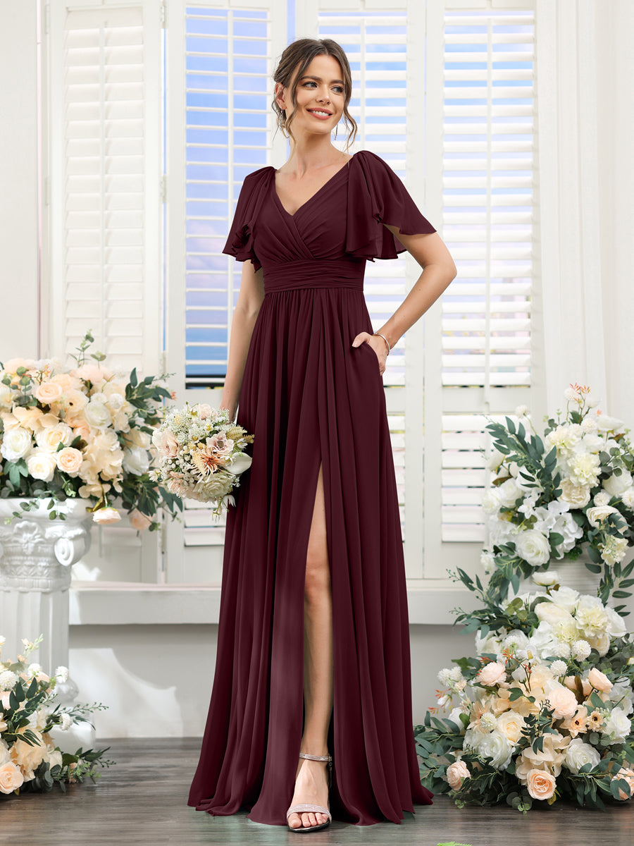 A-Line V-Neck Short Sleeves Split Side Chiffon Bridesmaid Dresses with Pockets