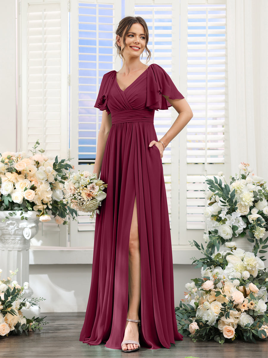 A-Line V-Neck Short Sleeves Split Side Chiffon Bridesmaid Dresses with Pockets